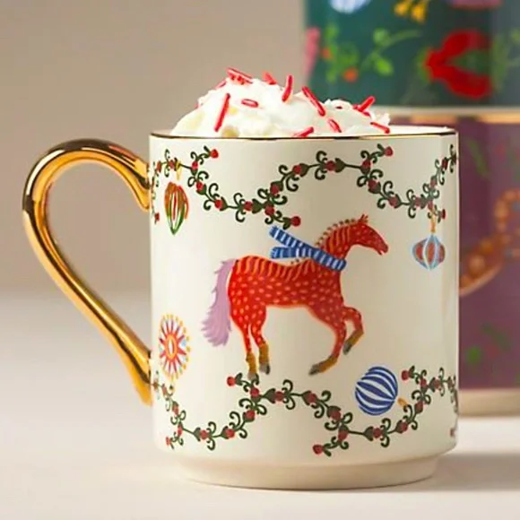 Brand New Anthropologie Juniper Holiday Stoneware Gold Detail Coffee Tea Mug - Picture 1 of 8